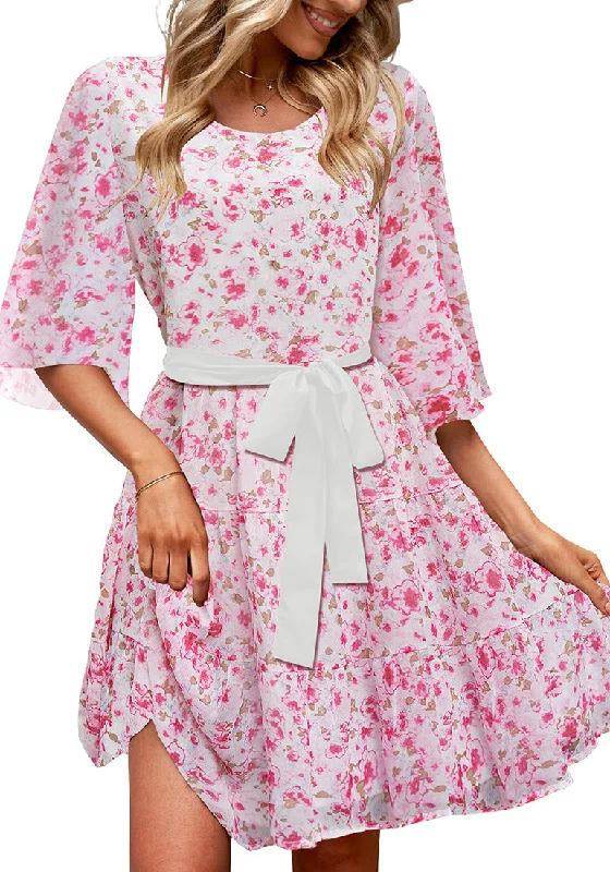 Fashion Forward, Function First Boho - Chic Festival - Ready Style Fandango Pink Floral Floral Babydoll Dress for Women Chiffon Cute Flowy Summer Beach Short Dresses with Pockets