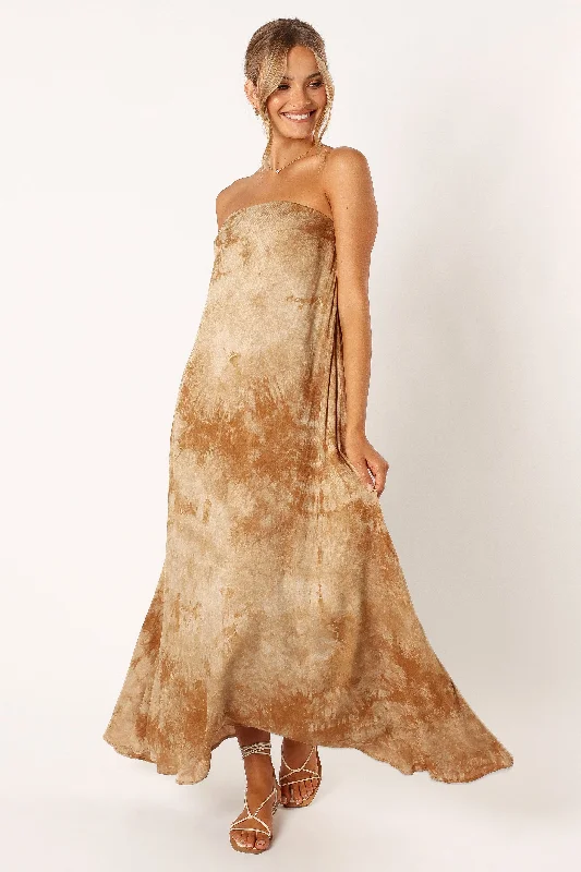 Trendy Threads Vintage Retro Party Wear Soph Strapless Linen Maxi Dress - Tan Tie Dye