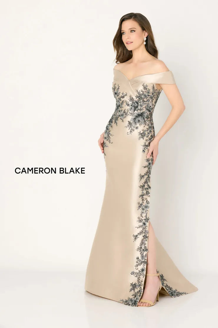 Enjoy Discount Save on Classic Elegant Styles Cameron Blake CB777 Off the Shoulder Asymmetrical Floral Fit n Flare Dress