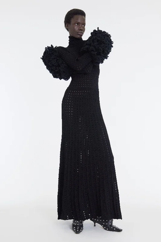 Hot Picks Feminine Soft - Hued Look Perforated Knit Maxi Dress With Threaded Cuffs Black