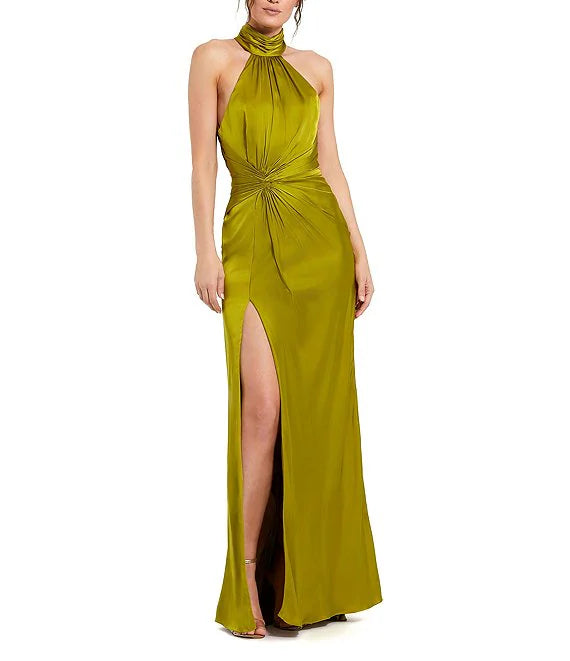 Sporty Fashion Offers Art Deco Geometric Pattern Look Satin Halter Mock Neck Sleeveless Side Ruched Gown Backless Evening Dresses