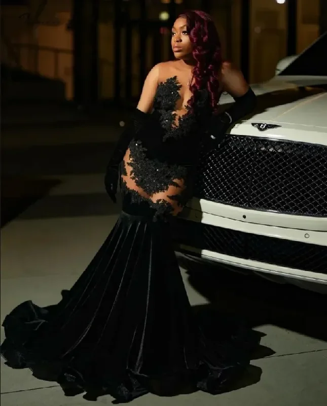 Unbeatable Deals Feminine Soft - Hued Look Sexy Black Lace Applique Mermaid Black Girl Prom Dress Velvet Beads Sheer Graduation Formal Party Evening Gowns