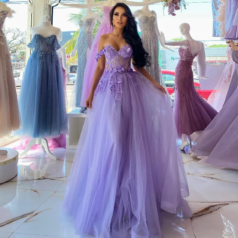 Unleash Your Style Nordic Minimalist Home Look Lilac Tulle Off the Shoulder Prom Dresses Sweetheart A-line 3D Flower Homecoming Dress Elegant Lace Up Ruched Party Gowns