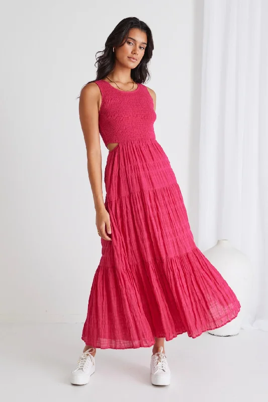 Sporty Fashion Offers Romantic Detailing Sorella Raspberry Shirred Cotton Sleeveless Waist Cut Out Tiered Maxi Dress