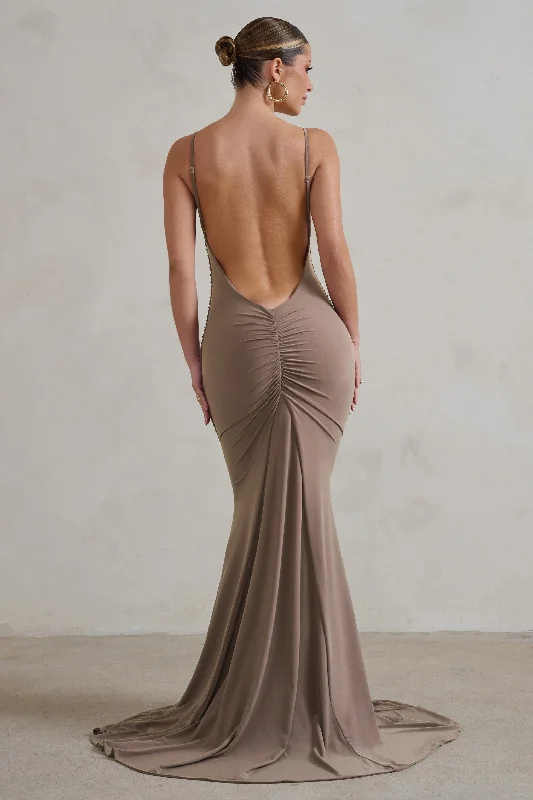 Buy More, Save More Casual Elegance Adele | Mocha Backless Ruched Fishtail Cami Maxi Dress