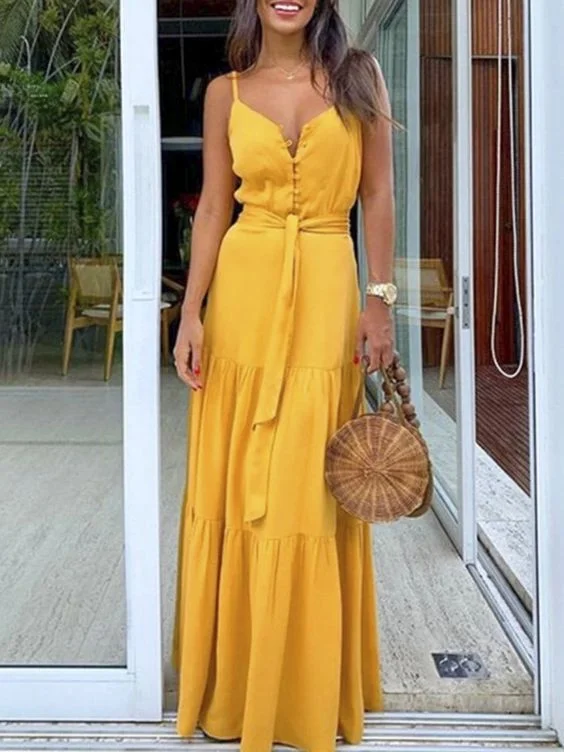 Stylish Savings Ethnic Cultural Event Wear Women Yellow Spaghetti Strap Long Dress Female V Neck Backless High Waist Maxi Dress Plus Size Ladies Sexy Party prom Dress  cg9950