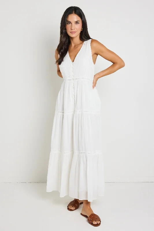 Enjoy Discount Feminine Soft - Hued Look Villa White Cotton Voile Sleeveless Button Front Tiered Maxi Dress