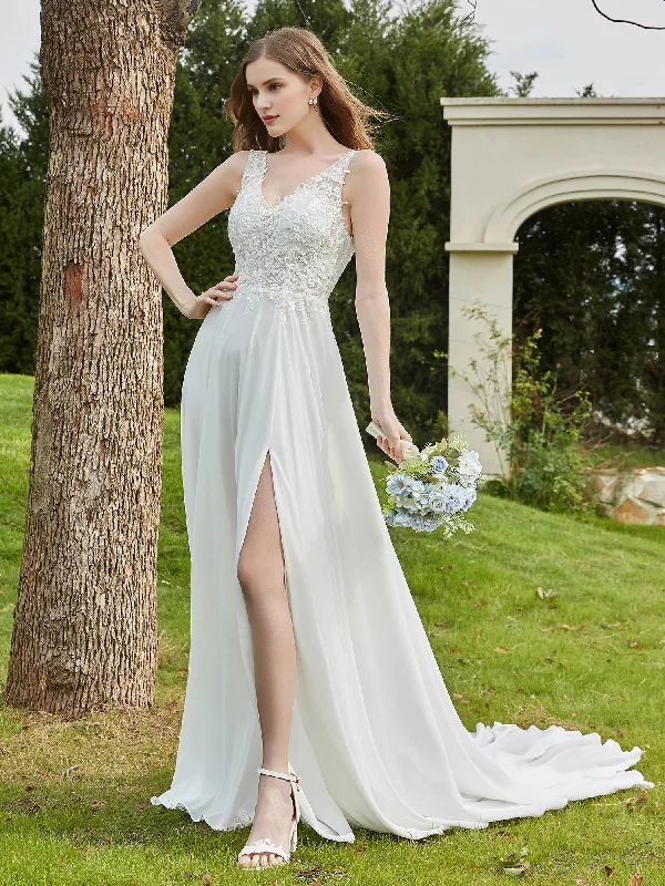 Huge Price Cut Contemporary Elegance Lace V-neck slit chiffon wedding dress