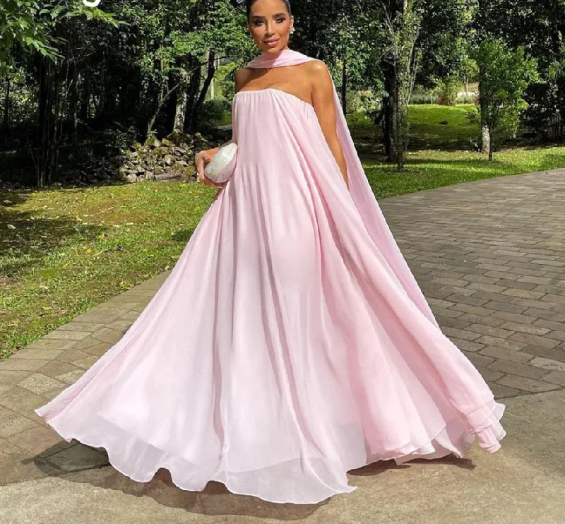 Chic And Trendy Today Only Simple Pink Strapless A Line Evening Dresses With Scraf Chiffon Holiday Gowns Floor Length Dinner Party Dress For Women