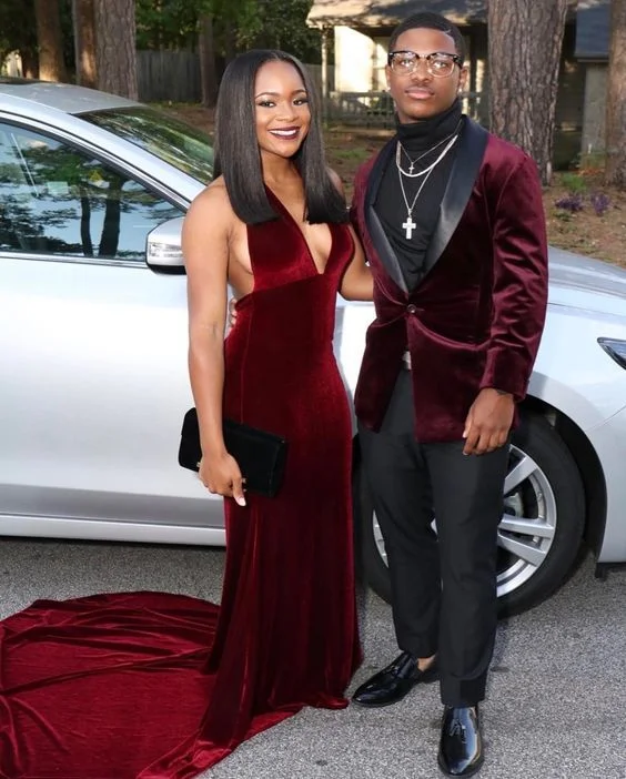 Premium Style Offers Urban Sophistication Wine Red Burgundy Velvet Prom Dresses Sexy Deep V Neck Sleeveless Black Appliques African Girl Black Girl Evening Formal Gowns