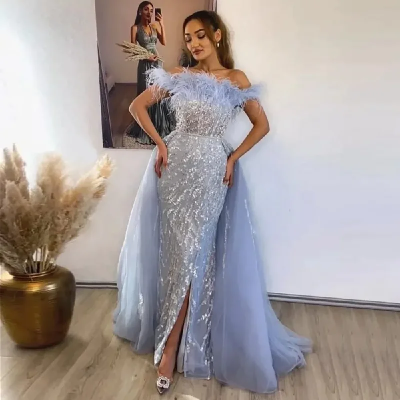 Top Deals Charming Silhouette Charming Lavender Shimmery Lace Long Prom Dresses With Detachable Train Feather Neckline Dubai Formal Party Maxi Gowns