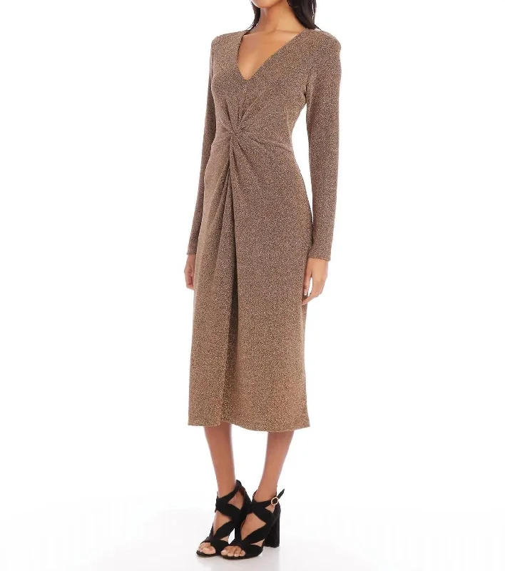 Limited Time Offer Art Deco Geometric Pattern Look Twist Front Midi Dress In Copper