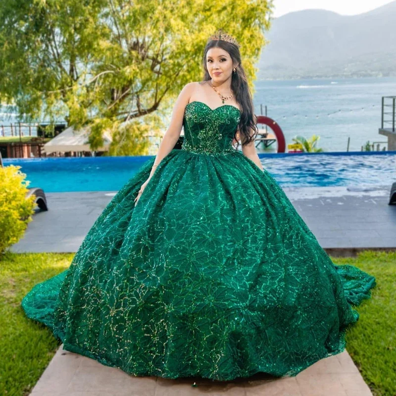 Romantic Chic Deals Refined Simplicity Emerald Green Shiny Sweetheart Quinceanera Dresses For Sweet 15 Year Sexy Off the Shoulder Puffy Ball Gown Lace Beads Princess