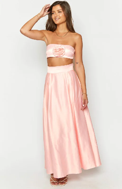 Final Sale Effortless Grace Nakiyah Pink Satin High Waisted Maxi Skirt