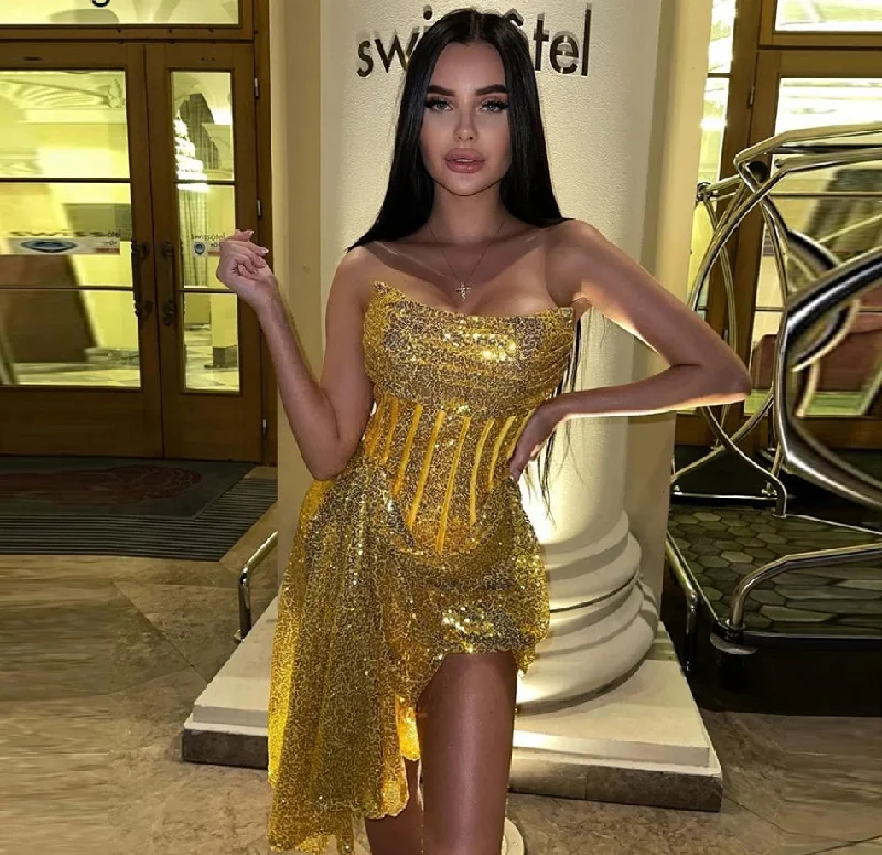 Chic Trend Collection Hollywood Glam Award - Show Style Sexy Mermaid Short Evening Dress Strapless Sleeveless Birthday Party Dress Sequin Glitter Formal Occasion Homecoming Gown