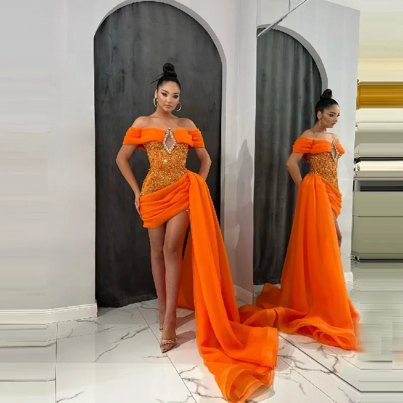 Don't Miss Out Contemporary Elegance Charming Orange Tulle Prom Dresses With Train Strapless Cap Sleeves Beaded Short Evening Dressing Gowns Party Dress