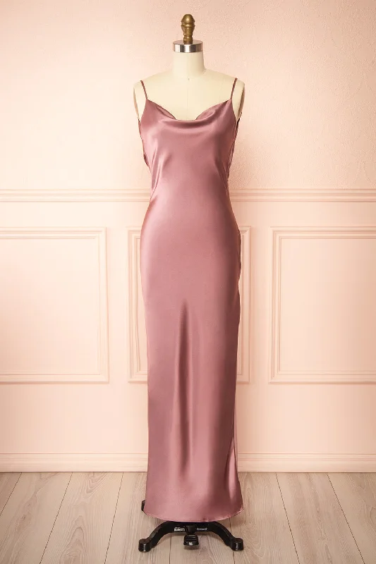 Flash Sale Fever Vintage Look Stacy Mauve | Long Satin Dress w/ Open Back