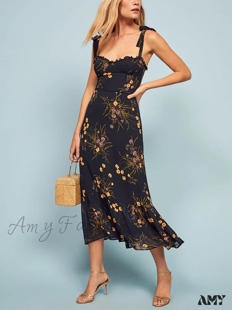 Stupidly Low Prices Luxe Layering Amy Fashion - Elegant Vintage Floral Neck Sleeveless Strap Dress