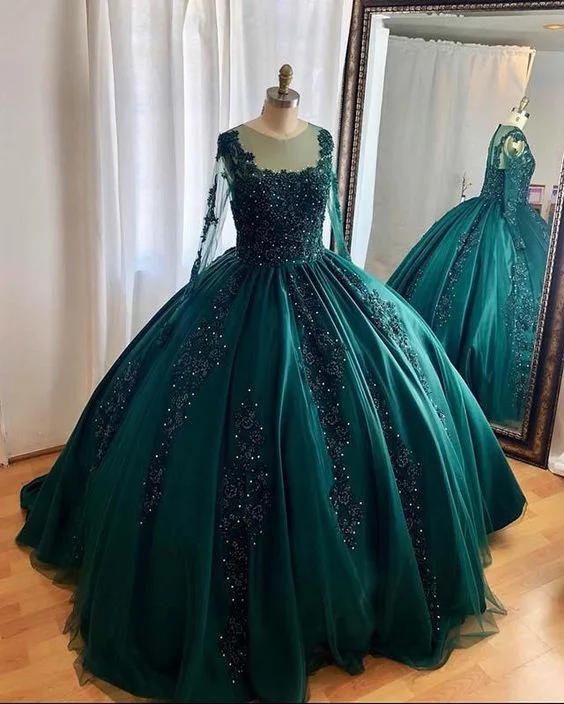 Style Redefined Artful Design Hunter Green Ball Gown Prom Dresses Long sleeves  S15614