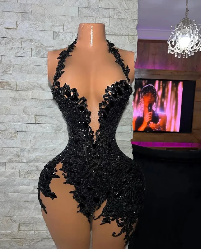 Mega Sale Soft Textures Black Short Prom Dresses For African Women Sexy V-neck Applique Lace Party Gowns Sleeveless