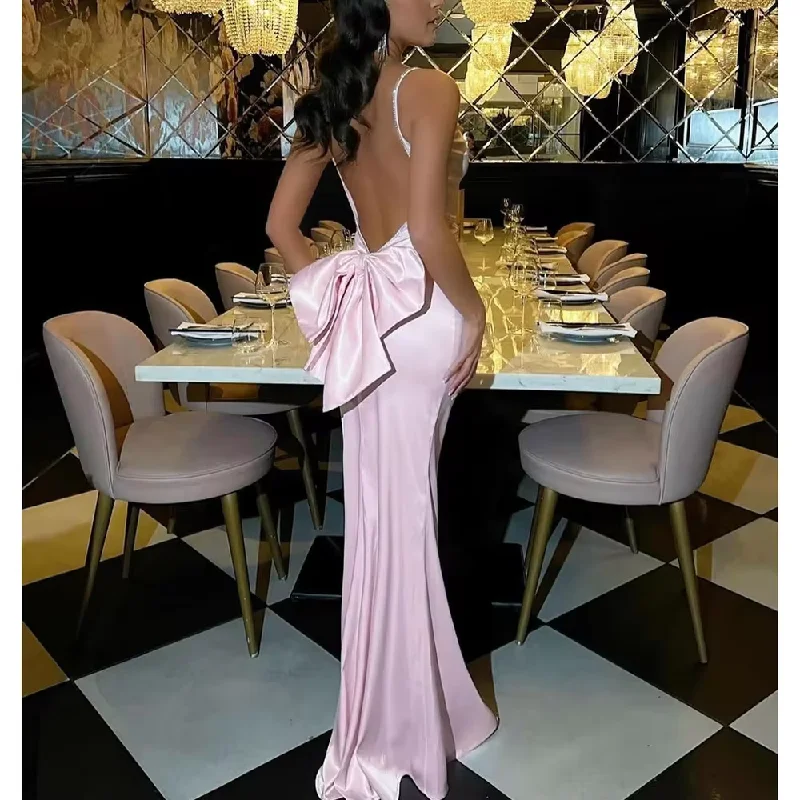 Sophisticated Style Offers Lightweight Fabric Pink Backless Bow Spaghetti Sleeveless Prom Dresses for Sexy Women Special Occasion Paert Luxury Evening Long Dress Formal Gown