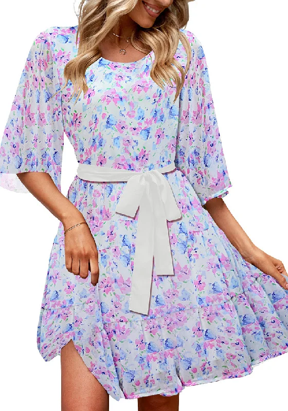 Fashion Forward Femininity Parisian Effortless Chic Style Blue Pink Floral Floral Babydoll Dress for Women Chiffon Cute Flowy Summer Beach Short Dresses with Pockets