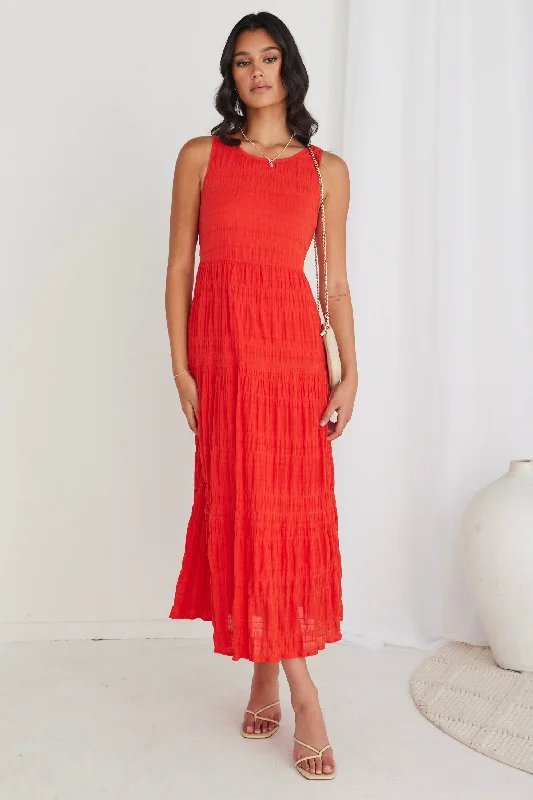 Trendy Street Style Graceful Cut Florentena Sunset Shirred Cotton Sleeveless Tiered Maxi Dress