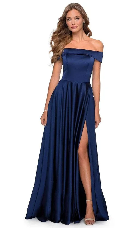 Trendy Pulse Casual Chic La Femme - 28978 Satin Off-Shoulder A-line Modest Prom Gown