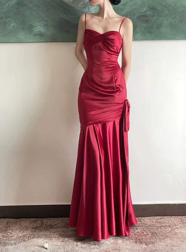 Vintage-Inspired Style Offers Vintage Retro Party Wear Wine Red Satin Sweetheart Straps Prom Dress Wine Red Long Evening Dress