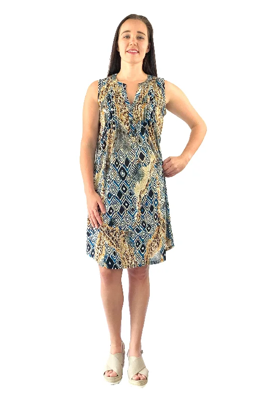 Classic Modern Offers Casual Weekend Relaxed Style Pleat Front Sleeveless Malabar Print Dress