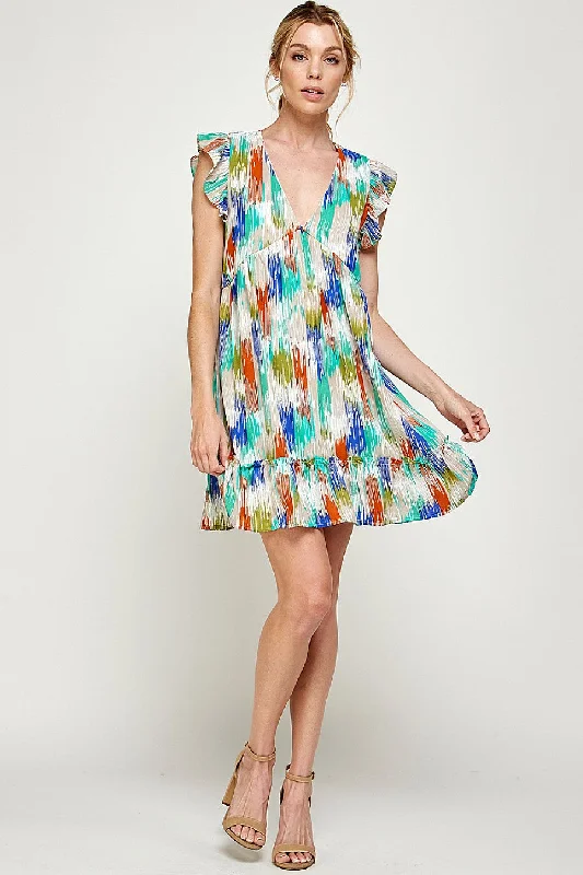 End Of Season Sale Timeless Elegant Short Sleeveless Brushed Print Ruffled Dress