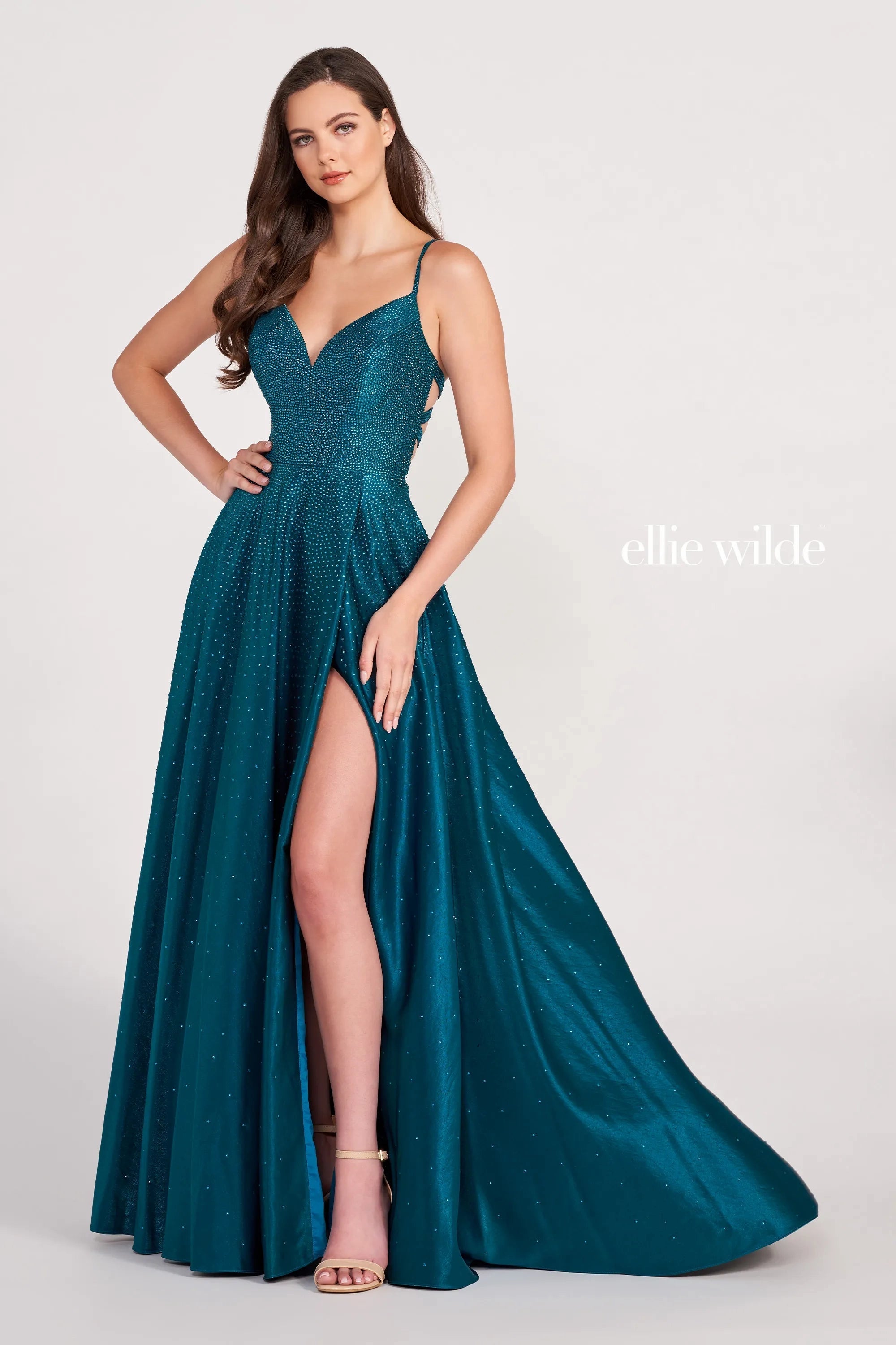 Cozy Comfort Style Sale Big Savings on Minimalist Office Styles Ellie Wilde EW121001 Strappy Open Back Crystal Studded Satin Gown