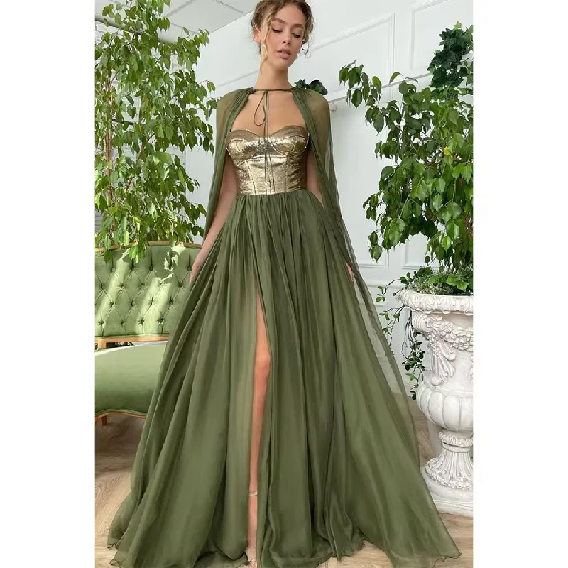 Boutique Styles Effortless Comfort Green Organza High Split Evening Dress Cap Sweep Train Strapless Special Occasion Pretty Women Prom Dresses Formal Party Gown