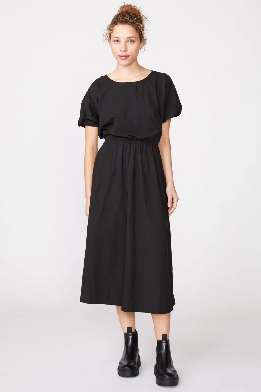 Sophisticated Style Offers Refined Simplicity Stateside Poplin Short Sleeve Open Back Midi Dress in Black