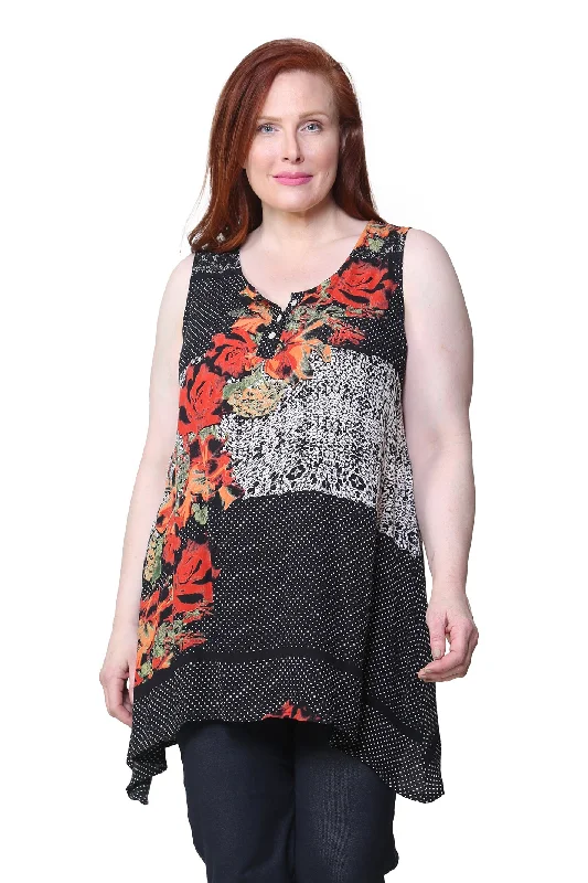 Sophisticated Fashion Vintage Look Printed Sleeveless A-Line Top - Plus Size