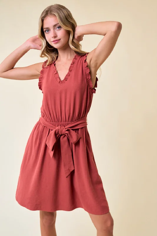 Valentine's Special Floral Style Short Sleeveless V Neck Tie Front Dress