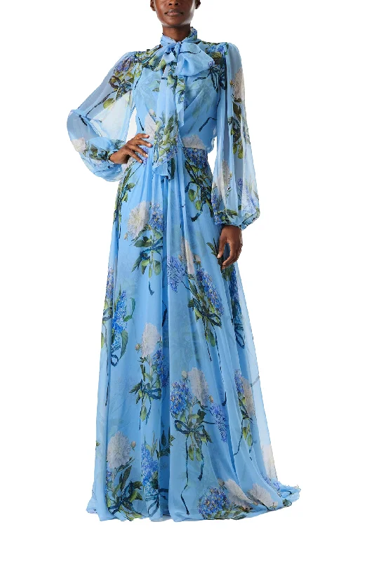 Style Breakthroughs Feminine Soft - Hued Look Floral Printed Chiffon Long Sleeve Gown