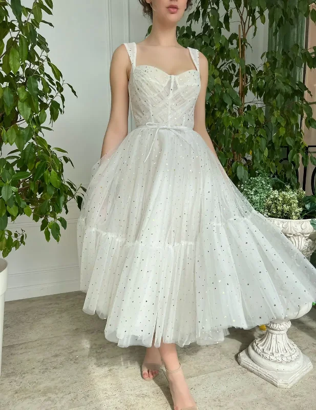 Evening Elegance Casual Elegance Tulle Spaghetti Straps A-line Homecoming Dresses Sweetheart Backless Pleated Girl's Tea-length Prom Gowns With Little Stars