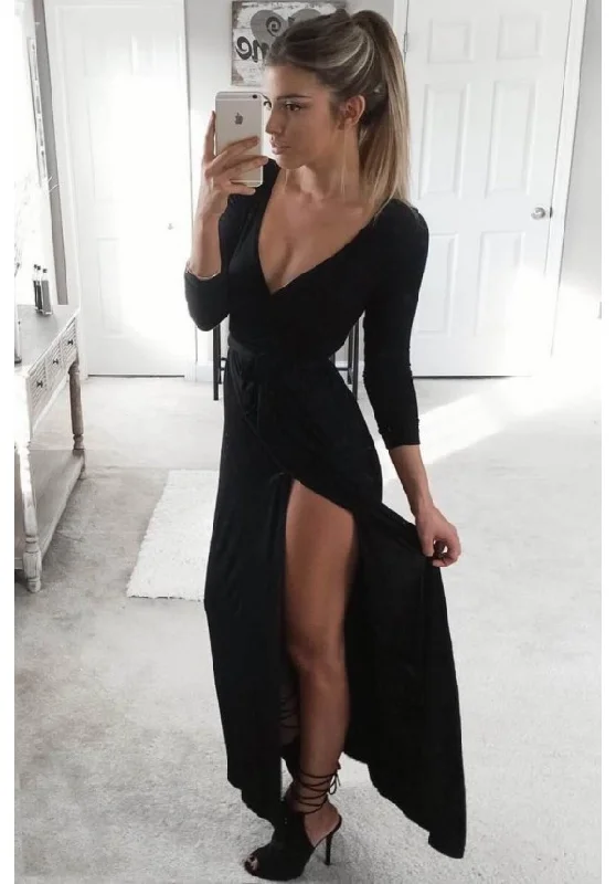 Casual Chic Minimalist Office - Ready Style Black maxi dress with long sleeves and leg slit prom dress evening dress    cg21417