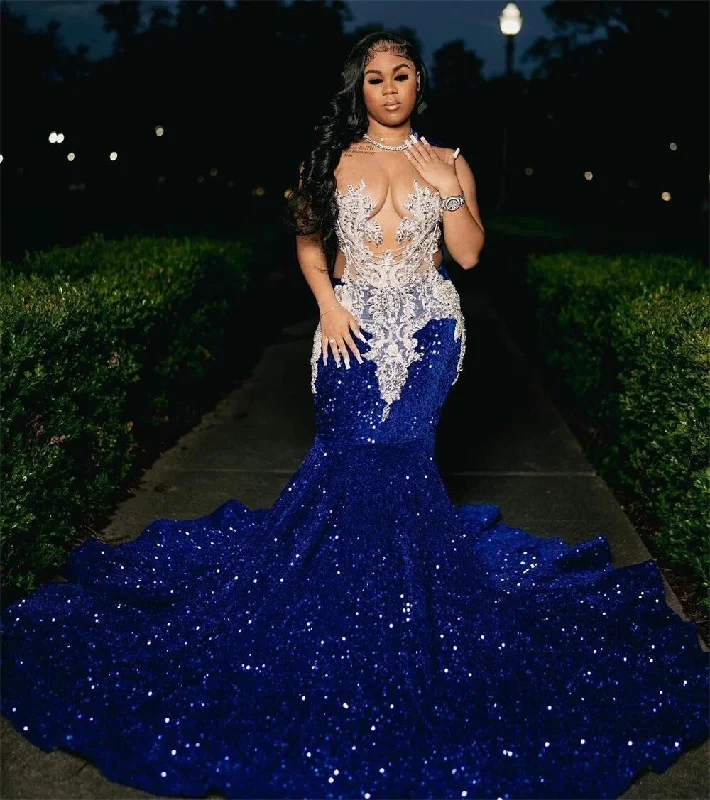 Limited Time Special Offer Y2K Nostalgic Fashion Look Royal Blue Sequins Mermaid Prom Dresses With Sheer Neck Plus Size Formal Evening Occasion Gowns Cheap