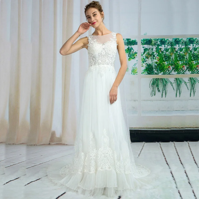 Casual Fashion Chic Urban Fashion Look Fashionable Sheer Bodice Boat Neck Wedding Dress with Floral Lace