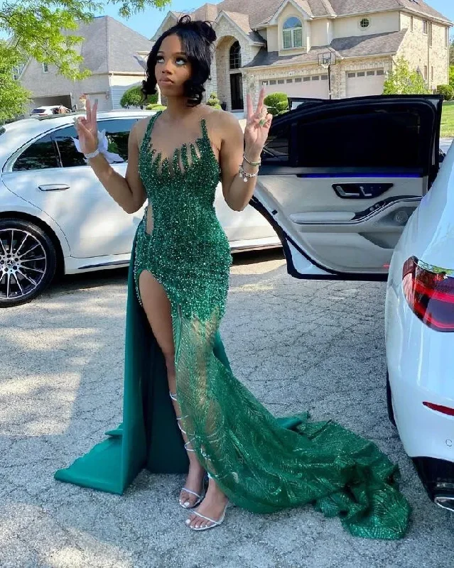 Fashion Frontiers Chic Sophistication Emerald Green Mermaid Black Girl Prom Dress Sparkly Diamond Crystal Slit Birthday Party Gown vestidosa de boda invitada