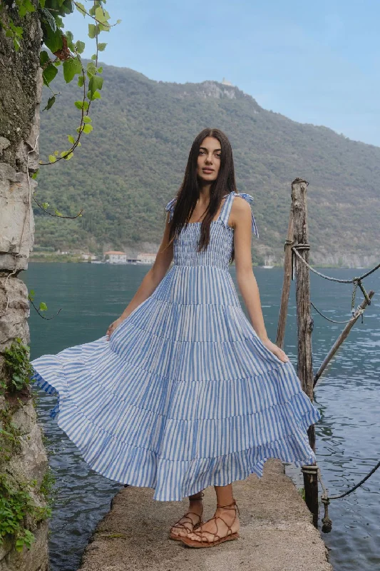 Style Redefined Elegant Contour Isabella Blue White Stripe Strappy Tiered Maxi Dress