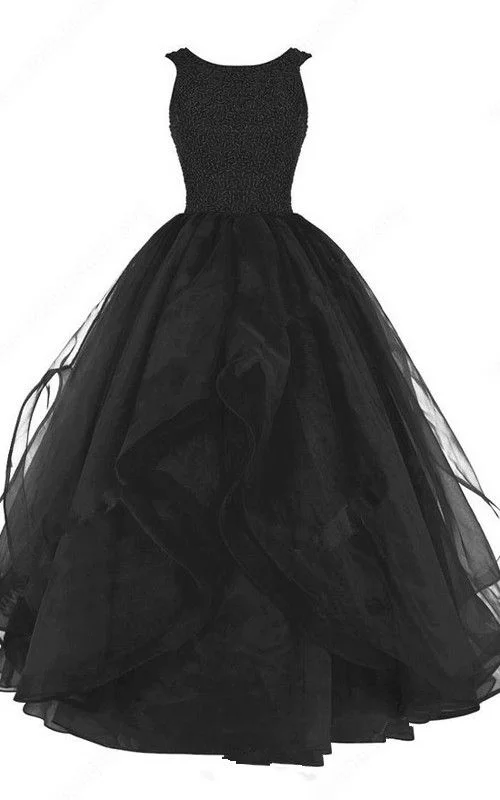 Spring Fashion Minimalist Office - Ready Style Black Ball Gown Scoop Neck Organza Sleeveless Beading Long Prom Dress  S7467