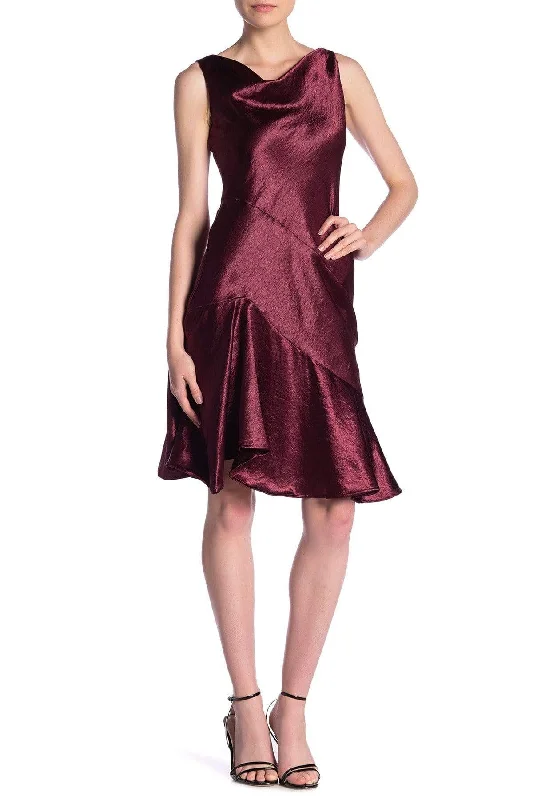 Break Fashion Norms Feminine Grace Taylor - 9973M Cowl Neck Satin Asymmetrical Hemmed Dress