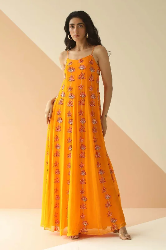 Explore What'S New Soft Textures Mango Yellow Embroidered Step Gown Dress