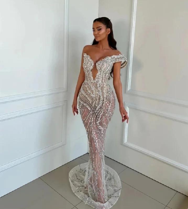 Fashionista Sale Effortless Style Sexy Illusion Deep V-neck Cocktail Dresses Sparkly Beads Crystal Evening Dress Luxury Mermaid Long Prom Gown Robe De Mariée