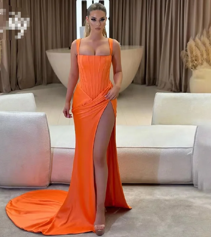 Stylish Savings Luxury Comfort Orange Chic Woman Evening Dress Gown Mermaid Sexy Pleats Square Collar Night Dresses Gown With Split Custom robes de soirée