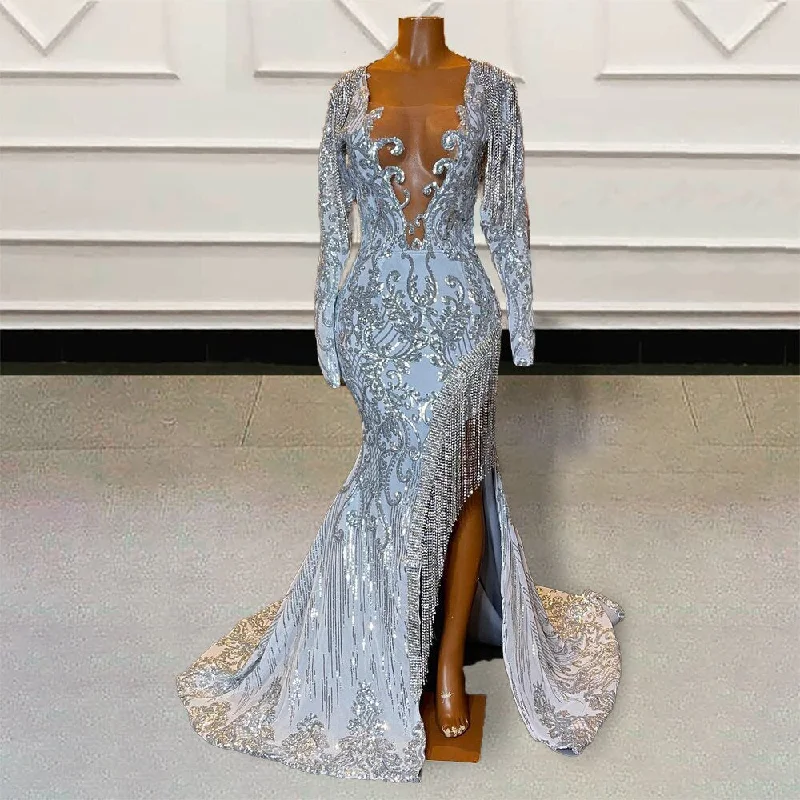 Luxury Fashion Discounts Save on Classic Elegant Styles Sparkly Sequin Beaded Mermaid Long Prom Dresses for Graduation Party Sexy Sheer Mesh Women Formal Evening Gown with Slit