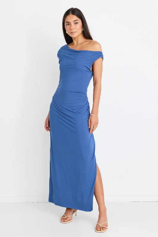 Timeless Style Promotions Elegant Details Magic Mid Blue Jersey Off Shoulder Maxi Dress